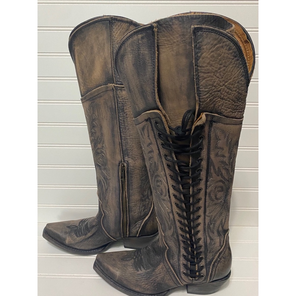 FreeBird New Wesley Black Gray Leather Lace Up Western Boho Boots Womens Size 6 - Picture 4 of 8